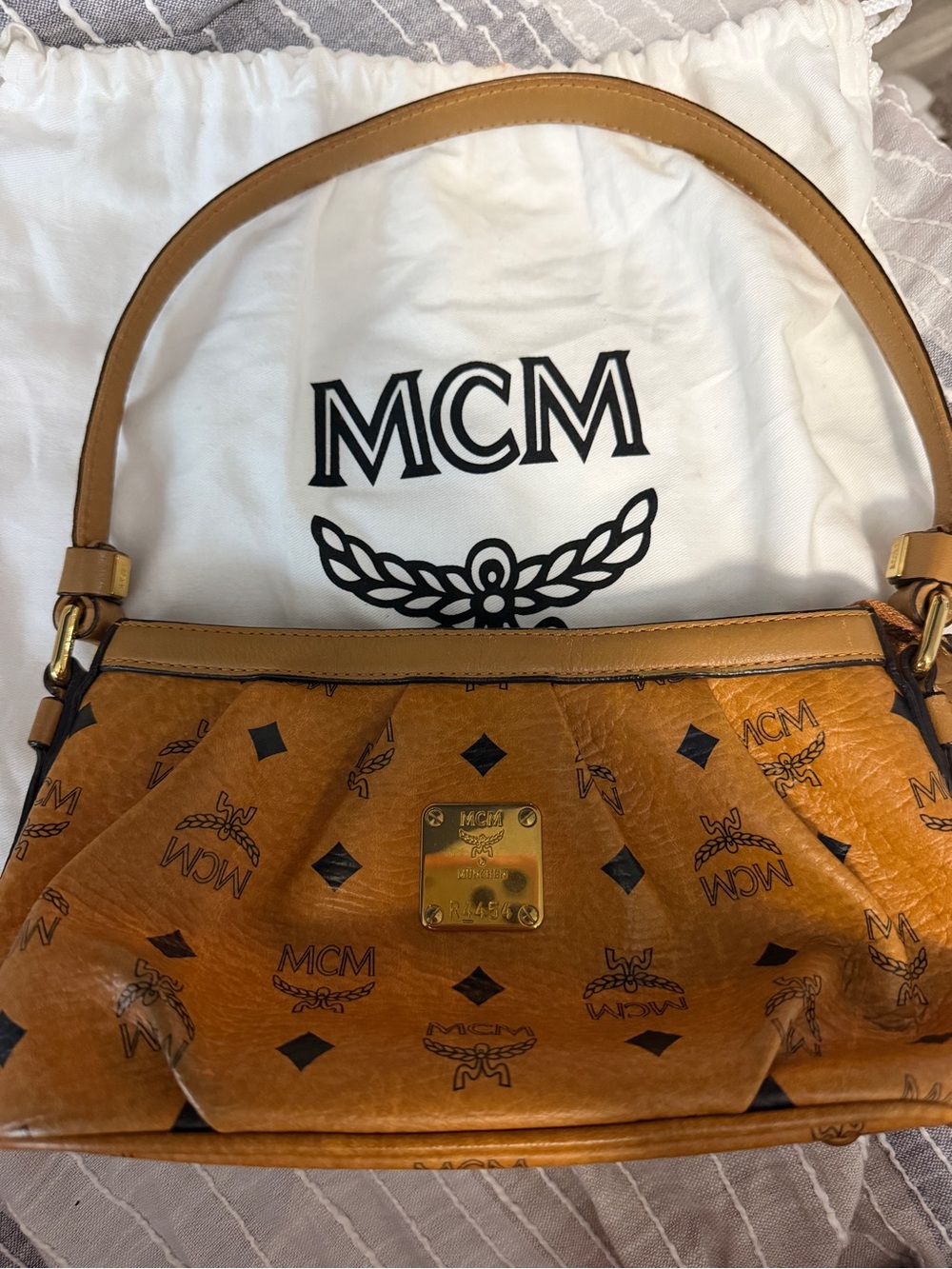 MCM Cognac Logo Print Shoulder Bag with Gold Plate